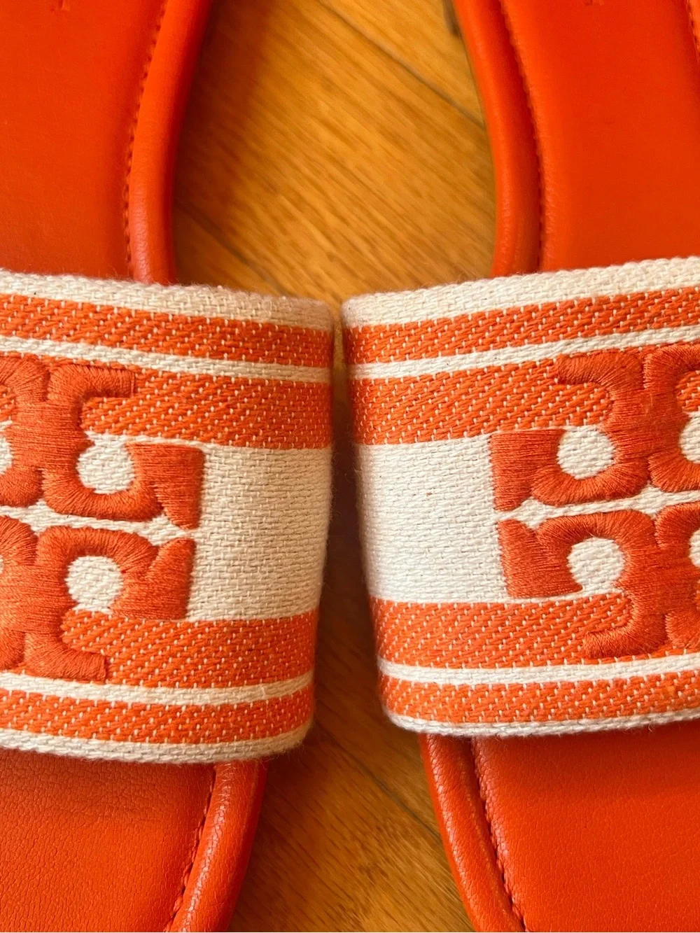 Tory Burch Orange & Cream Double T Jacquard Striped Logo Slide Sandals